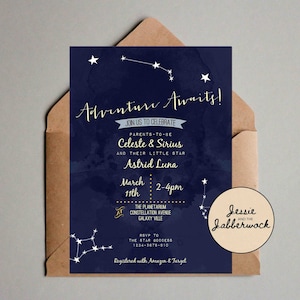 Adventure Awaits Invite, Zodiac Constellation, Under the stars Invitation, Celestial Galaxy Baby Shower