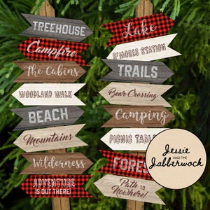 Orso boscaiolo Segnali direzionali Party Pack Stampabili / Decorazioni plaid / Compleanno campeggio / S'mores / Fuoco da campo / Campeggio / Foresta