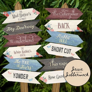Wunderland Wegweiser Party Pack Printable | Alice im Wunderland Dekorationen | Hasenloch | Mad Hatter&#39;s Tea Party | Raupe