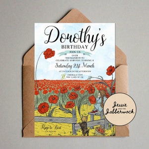 Wizard of Oz Party Invitation, Over the Rainbow, Volg de gele bakstenen weg uitnodiging, papaverveld, Dorothy en Toto