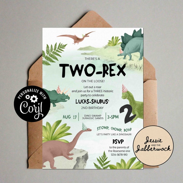 2-REX RAWWR 2ND Birthday Invite, Roarsome Dinosaur party invitation | Stomp, Chomp, Roar, come party like a Dinosaur | Corjl Edit yourself