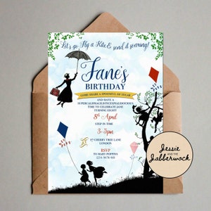 Mary Poppins Invite, Let's go Fly a Kite, Supercalifragilisticexpialidocious Picnic Birthday Party Invitations