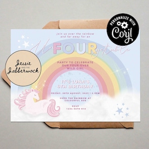4th Unicorn Birthday Invite | Un-four-gettable Rainbow Invite | Magical pastel party invitation | Edit yourself instant download | Corjl