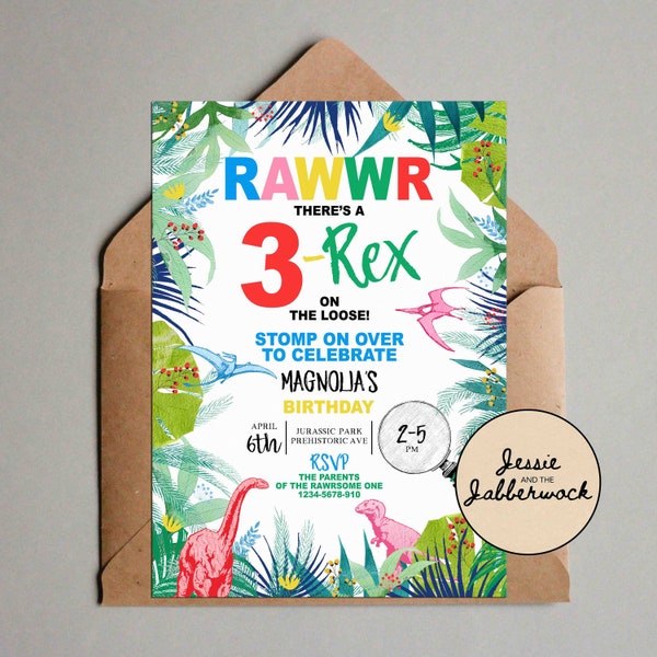 3-REX RAWWR 3. Geburtstag einladen, Regenbogen Dinosaurier Laub Party Einladung, Wild und Drei, Dschungel