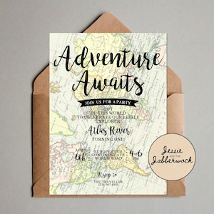 Inviti con mappa vintage, L'avventura attende, Inviti di compleanno con mappa del mondo Explorer / Fuori dal mondo / Oh, i posti in cui andrai