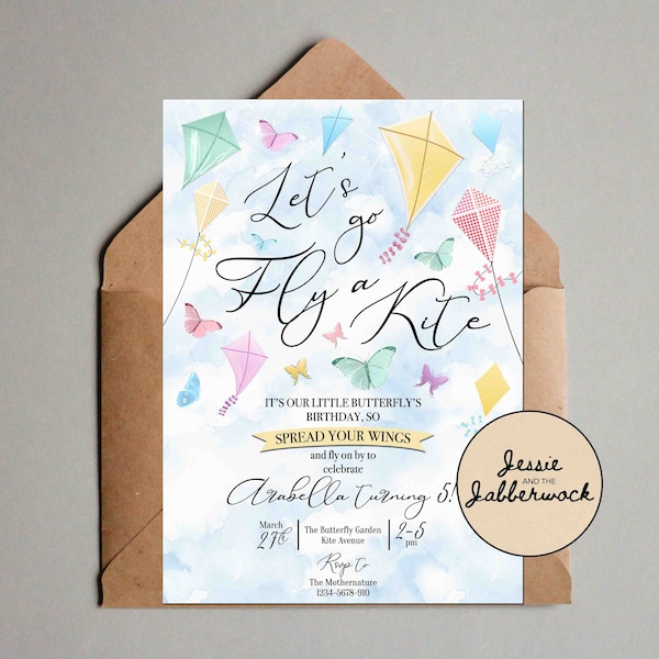 Let's go Fly a Kite Invitation | Butterfly Birthday Invite | Picnic Party | Little Butterflies