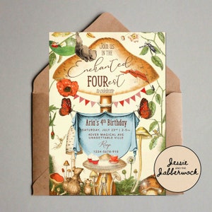FOUR-est 4th Birthday Invite / Garden Party Birthday Invitation / Enchanted Toadstool Woodland / Fairy Ring / Forest animals / Fate