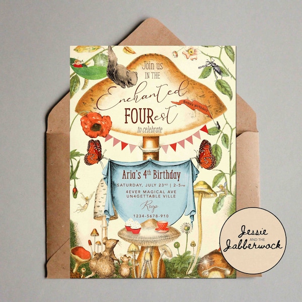 FOUR-est 4th Birthday Invite | Garden Party Birthday invitation | Enchanted Toadstool Woodland | Fairy Ring | Forest animals | Fairies