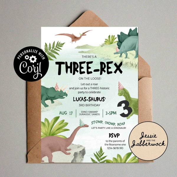 3-REX RAWWR 3rd Birthday Invite, Three-Historic Dinosaur party invitation | Stomp, Chomp, Roar, come party like a Dinosaur