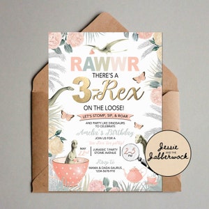 3-REX RAWWR 3rd Birthday Invite, Dinosaur party invitation | Tea-Rex Tea party | Floral Rose Dinos