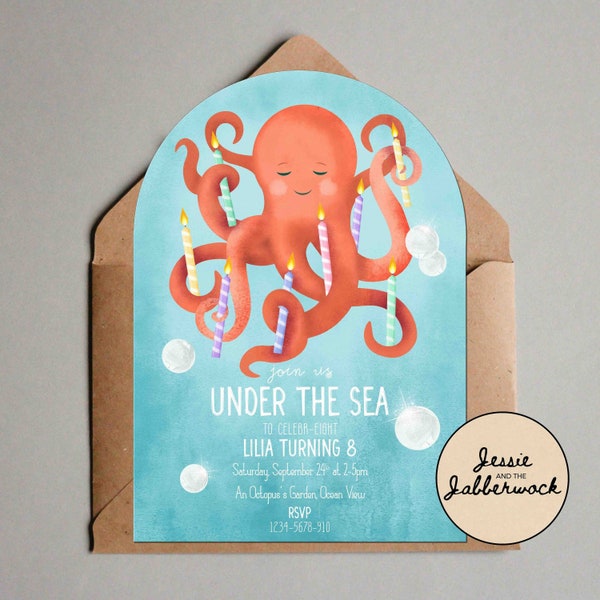 Octopus Invite, Under the Sea party invitation | celebr-eight 8th Birthday Invite | Bubbles | Ocean party | ink-credible