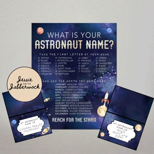 Qual è il tuo nome da astronauta? Stampabile, generatore di nomi Party Game, festa di compleanno spaziale, etichette per tende con nome pianeta, Fuori dal mondo, Galassia