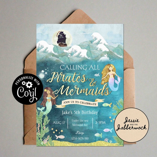 Mermaids & Pirates Birthday Invite | Joint party invitation | Under the Sea Party | Swashbuckling | Gender neutral | Edit yourself | Corjl