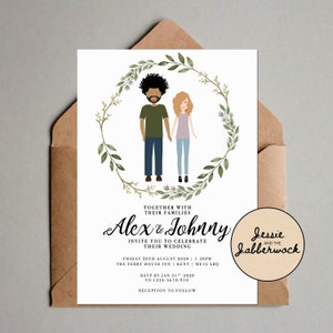 Personalised Couple Illustration Wedding Invites, Custom portrait drawing invitation, Personalized Floral Save the Date, RSVP