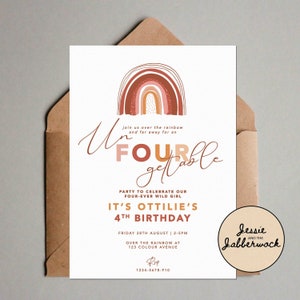 Boho Rainbow 4th Birthday Invite | Un-four-gettable party | Tan Colours invitation | Four-ever Wild Bohemian | Peach Rust Ombre Sunset