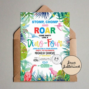 Dino-four 4th Birthday Invite, FOUR-ocious Dinosaur party invitation, UnFOURgettable, Made Four the Wild!
