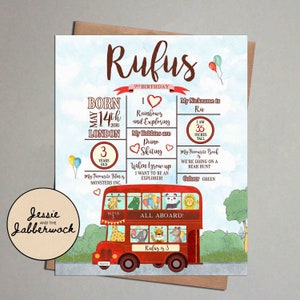 Scheda Milestone Animal Bus, Ruote sul cartello poster di memoria di compleanno dell'autobus