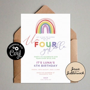 Un-vier-gettable 4th Birthday Invite | Regenbogen-Party Einladung | Alle Farben | Vier-immer wild | Corjl