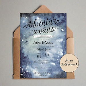 Adventure Awaits star Baby Shower invite, Celestial Under the stars, Galaxy, space invitation