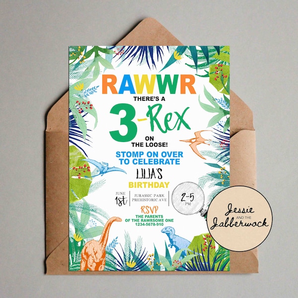 3-REX RAWWR 3rd Birthday Invite, Dinosaurier Partyeinladung