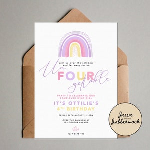 Pastel Rainbow 4th Birthday Invite | Un-four-gettable party | Pinks & Purples invitation | Four-ever Wild Bohemian | Sunset | Four-ever wild