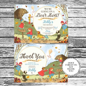 Peut inclure: Une invitation color&eacute;e pour un premier anniversaire sur le th&egrave;me de la chasse &agrave; l'ours. L'invitation pr&eacute;sente une illustration de dessin anim&eacute; d'enfants et d'ours dans un d&eacute;cor de for&ecirc;t. Le texte sur l'invitation indique "We're going on a Bear Hunt!" et "Teddy's First Birthday".