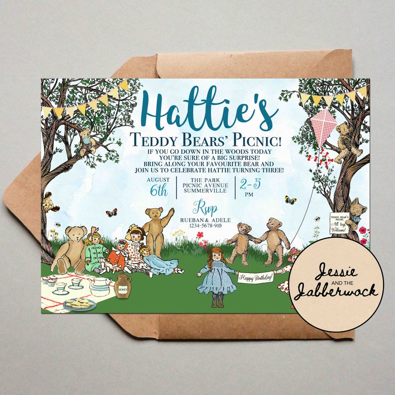 Teddy Bear Picnic Invitation, If you go down in the woods today you're sure of a big surprise invite, Dolly and toys party image 1