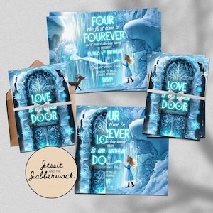 May include: A collection of invitation cards with a winter theme. The cards feature illustrations of a castle door, a young girl, and the text "FOUR the first time in FOUREVER" and "LOVE is a open DOOR". The invitations are tied with a white ribbon.