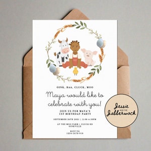 Personalised Illustration First Birthday Invites, Custom portrait drawing invitation, Personalized farmyard, oink, baa, cluck, moo
