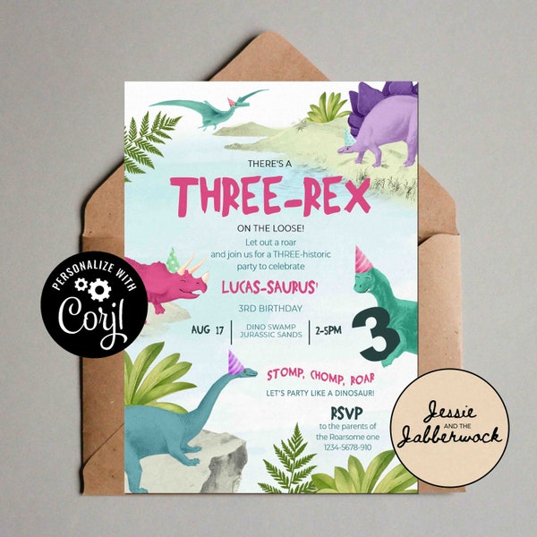 3-REX RAWWR 3rd Birthday Invite, Three-Historic Dinosaurier Partyeinladung | Stomp, Chomp, Roar, komm Party wie ein Dinosaurier