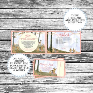 May include: A set of printable baby shower cards with a woodland theme. The cards feature a pink and blue color scheme with illustrations of bears and a deer. The text on the cards includes "One Small Request", "Wishes", and "Bring a Pack".