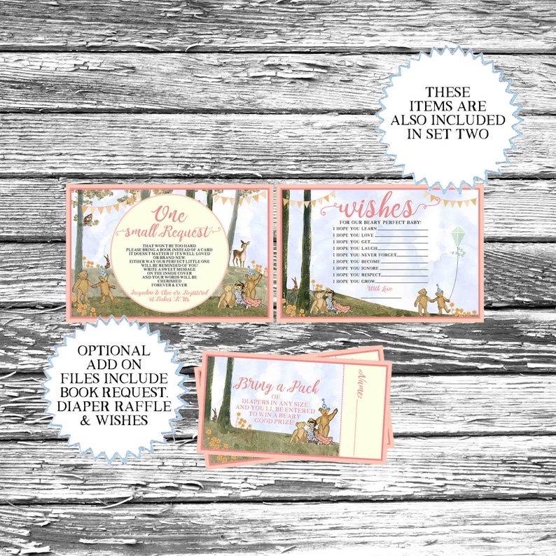 May include: A set of printable baby shower cards with a woodland theme. The cards feature a pink and blue color scheme with illustrations of bears and a deer. The text on the cards includes "One Small Request", "Wishes", and "Bring a Pack".