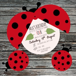 May include: A ladybug-themed birthday invitation for a child turning four. The invitation features a red ladybug with black spots and green leaves. The text on the invitation reads "Mia's Birthday, Our little jitterbug is turning four, Join us to celebrate Saturday 11th August, The Quaker Hall, Butt Lane, From 2PM-4PM, RSVP to Ann & Michael 12346-678910."