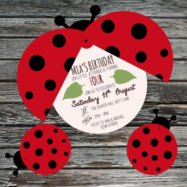 May include: A ladybug-themed birthday invitation for a child turning four. The invitation features a red ladybug with black spots and green leaves. The text on the invitation reads "Mia's Birthday, Our little jitterbug is turning four, Join us to celebrate Saturday 11th August, The Quaker Hall, Butt Lane, From 2PM-4PM, RSVP to Ann & Michael 12346-678910."