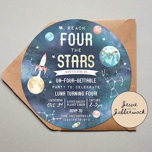 Reach Four the Stars 4th Birthday Invitation | UnFOURgettable, Out of this world party Invite | Space, Planets, Rocket Ship | FOURever Young