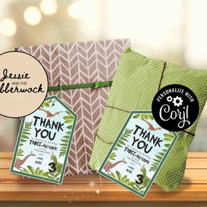 3-REX Thank you goodie bag Tag | Edit yourself 3rd Birthday Dino party favours Tag | Three-Historic Dinosaur party | Stomp, Chomp, Roar