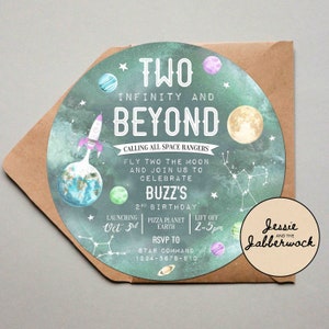 Two Infinity and Beyond 2nd Birthday Invitation, Space, Round Planets Party Invite, Rocket Ship, Out of this world, Two the Moon