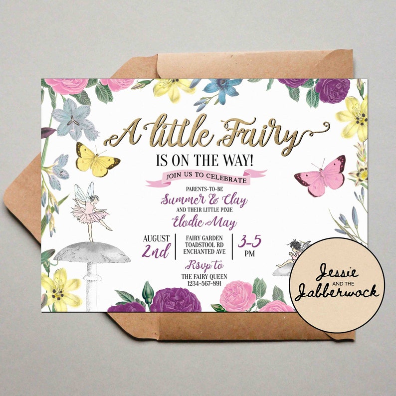 May include: A white baby shower invitation with a floral design. The text reads "A little Fairy is on the way!" with the parents-to-be's names "Summer & Clay" and the baby's name "Elodie May". The invitation includes the date "August 2nd" and the time "3-5 PM".