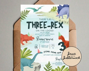 3-REX RAWWR 3rd Birthday Invite, Three-Historic Dinosaur party invitation | Stomp, Chomp, Roar, come party like a Dinosaur