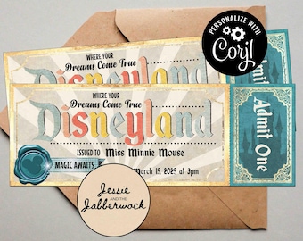 May include: A vintage-style Disneyland ticket with a blue and gold design. The ticket says "Where your dreams come true" and "Issued to Miss Minnie Mouse". The ticket is dated March 15, 2025 at 3pm. The ticket is on a brown background with a circle that says "Jessie and the Jabberwock".
