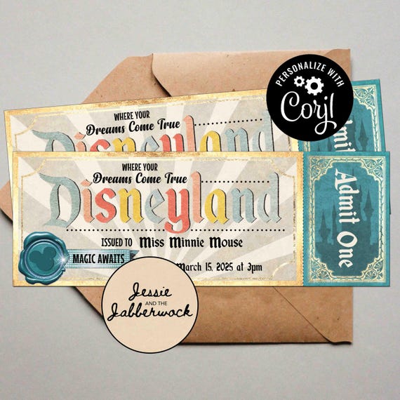 Pastel Vintage Disneyland Ticket | Birthday Invite | Retro Magical Disney invitation | keepsake trip momento | Edit yourself Corjl template