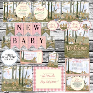 May include: A set of printable baby shower party decorations featuring a woodland theme with teddy bears, pink and white gingham, and the text "New Baby".