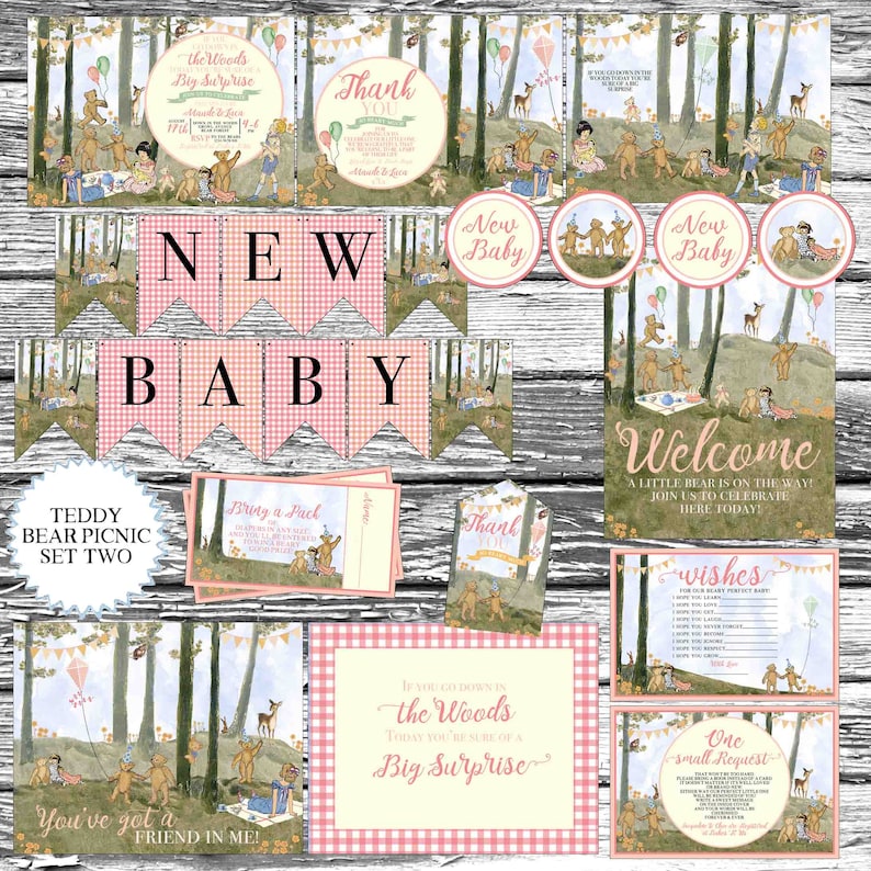May include: A set of printable baby shower party decorations featuring a woodland theme with teddy bears, pink and white gingham, and the text "New Baby".