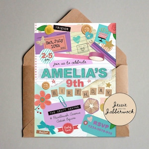 Invitación a álbum de recortes / Estilo fieltro Costura Invitación artesanal / Fiesta artesanal / Floral / Cosido / Fiesta artística / Cumpleaños de artista creativo / Pintura