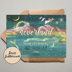 Invitation Neverland, deuxième étoile à droite et tout droit jusqu&#39;au matin, invitation Peter Pan, lagon des sirènes, fête pirates et lutins