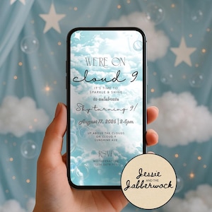 May include: A smartphone displays a digital invitation with a sky-themed design. The text reads "We're on cloud 9" and announces a "Sky turning 9!" birthday party on August 17, 2026. A circular logo reads "Jessie and the Jabberwock".