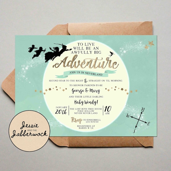 Neverland Baby Shower Invitation, Mint Green Peter Pan, Adventure Invite | Second star to the right