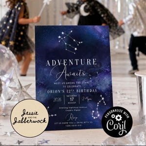 May include: A rectangular birthday invitation card featuring a dark blue and purple galaxy background with white star constellations. The text reads ADVENTURE Awaits, MEET US AMONG THE STARS TO CELEBRATE ORION'S 12TH BIRTHDAY, SATURDAY 17 AUGUST 2026, 2-4pm.