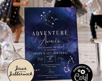 May include: A rectangular birthday invitation card featuring a dark blue and purple galaxy background with white star constellations. The text reads ADVENTURE Awaits, MEET US AMONG THE STARS TO CELEBRATE ORION'S 12TH BIRTHDAY, SATURDAY 17 AUGUST 2026, 2-4pm.
