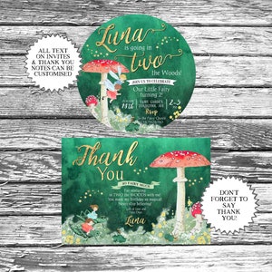 Op de afbeelding: Een groene en gouden bedankkaart met een illustratie van een fee en een paddenstoel. De kaart zegt "Dank Je" in gouden letters en "So Fairy Much" in kleinere letters. De tekst gaat verder: "Voor het avontuur in TWEE de BOS met mij! Je hebt mijn verjaardag zo magisch gemaakt! Blijf altijd geloven! Veel liefde en fee&euml;nstof, Luna".